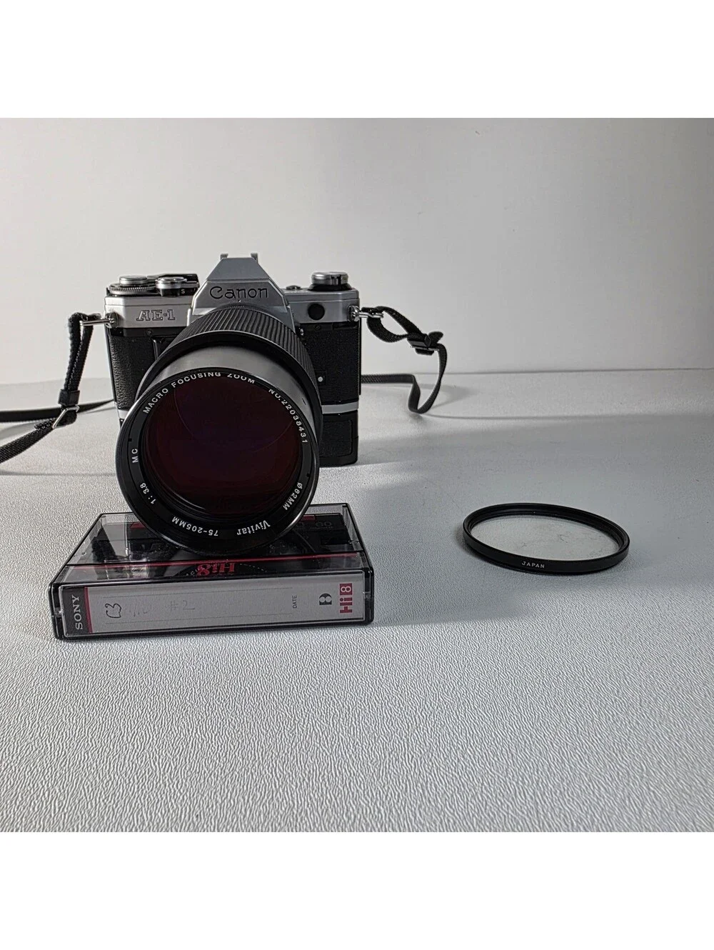 Canon AE-1 Silver 35mm SLR Film Camera W/ 75-205mm Vivitar Lens & Winder Vintage